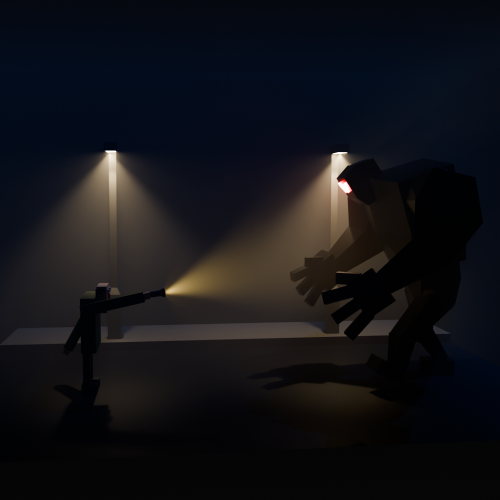 low poly guy and a monster on a street